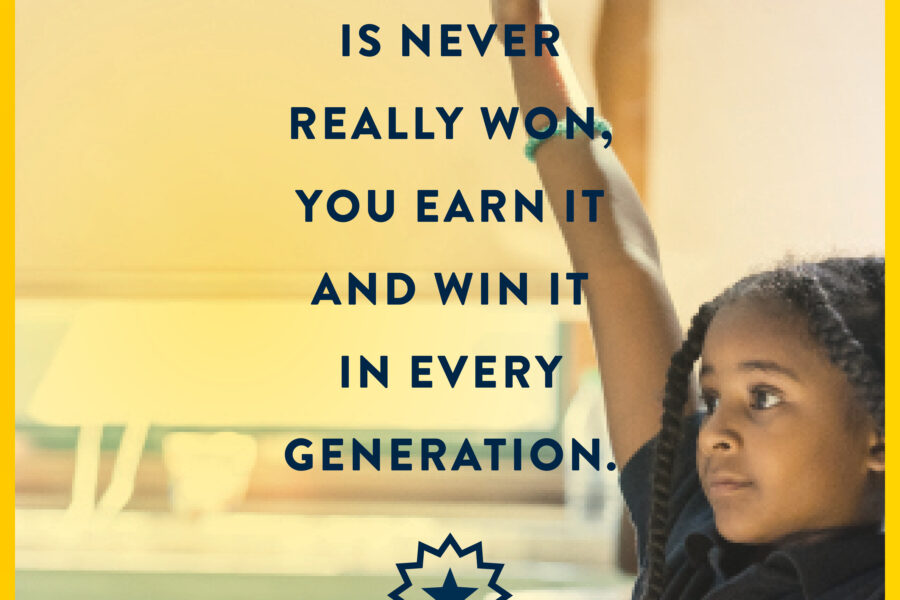 Juneteenth ad for Westminster with quote from Coretta Scott King: Freedom is never really won, you earn it and win it in every generation.